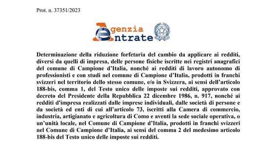 Redditi Campione d'Italia, aumenta la riduzione forfettaria: è pari al 37,07 per cento