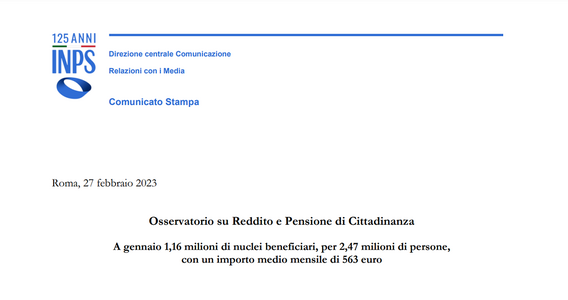 Reddito di cittadinanza: più di un milione i beneficiari a gennaio 2023 per un importo medio di 592 euro