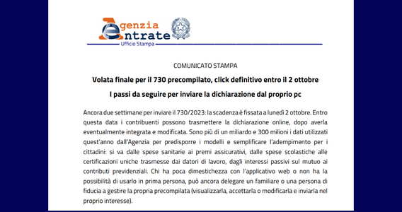 Modello 730/2023 precompilato online: alert sulla scadenza del 2 ottobre