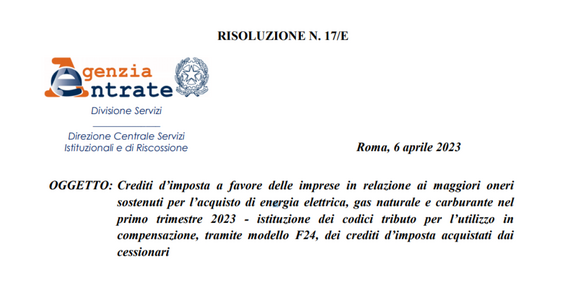 Bonus energia imprese, disponibili i codici tributo per la compensazione con F24 per chi acquista i crediti