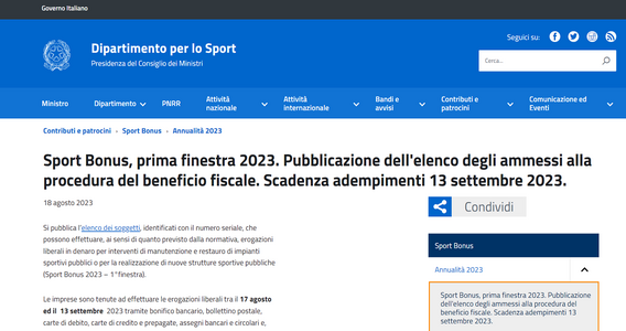 Sport bonus 2023: al via le donazioni, scadenza il 13 settembre