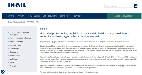 Infortunio giornalisti: dall'INAIL il nuovo servizio per la denuncia relativa al periodo transitorio