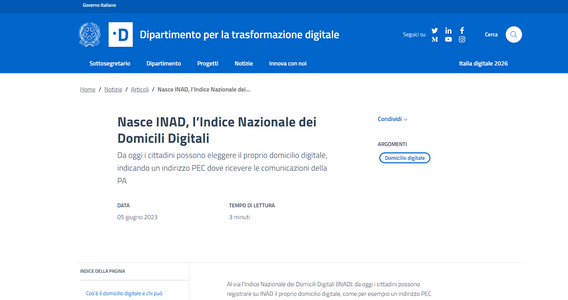 Domicilio digitale, al via l'iscrizione della PEC nell'INAD
