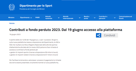 Contributi a fondo perduto per la gestione di impianti sportivi: domande online dal 19 giugno