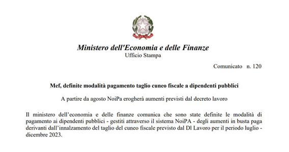 Taglio cuneo fiscale dipendenti pubblici: pagamento con NoiPa a partire dal cedolino di agosto