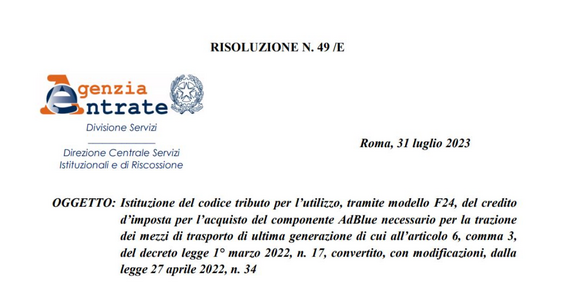 Bonus autotrasportatori, pronto il codice tributo per la compensazione del credito per l'acquisto di AdBlue