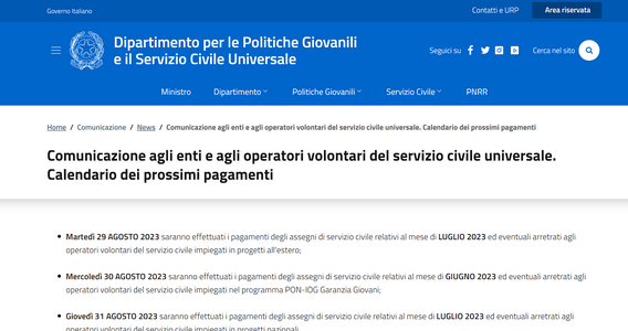 Servizio civile universale 2023: il calendario con le prossime date di pagamento