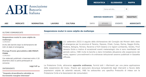Sospensione mutui: le indicazioni ABI alle banche per le zone colpite dal maltempo