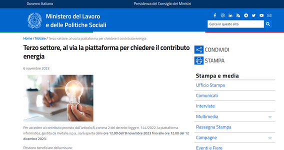 Contributo energia per il terzo settore: domanda entro la scadenza 12 dicembre