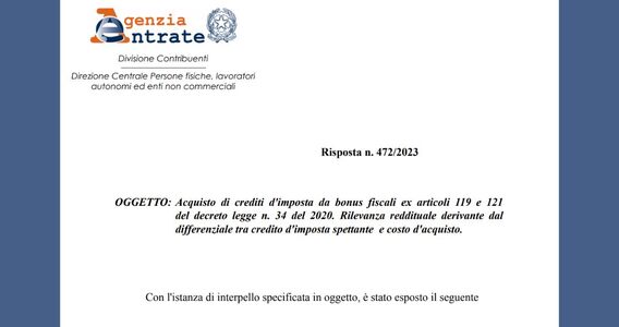 Bonus edilizi e acquisto crediti fiscali: la differenza tra importo e prezzo non costituisce reddito