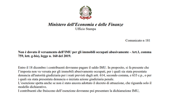 In scadenza il saldo IMU 2023: esenzione per gli immobili occupati senza comunicazione