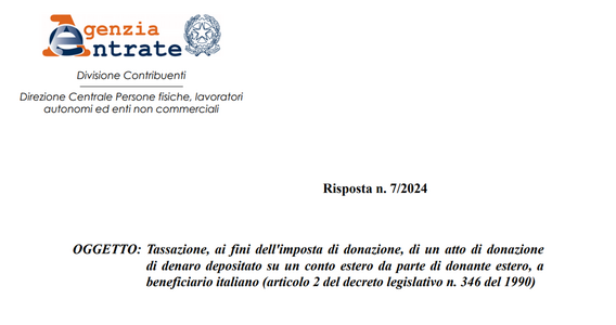 Imposta sulle donazioni e denaro donato da un conto corrente estero