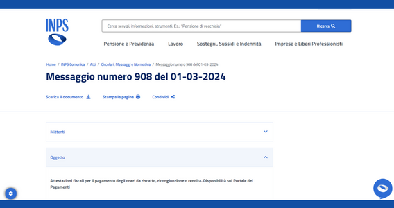 Contributi INPS: online le attestazioni fiscali 2024 per i pagamenti relativi a riscatto, ricongiunzione e rendita