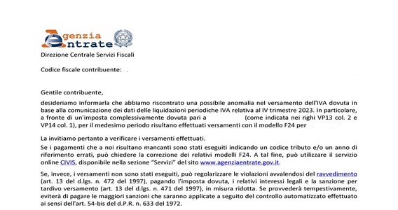 Avvisi Lipe IV trimestre con errori dell'Agenzia delle Entrate