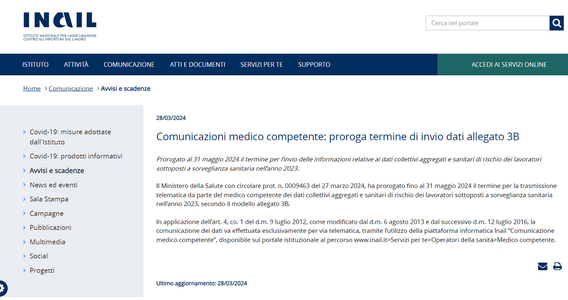 Sorveglianza sanitaria: comunicazione dei dati all'INAIL prorogata al 31 maggio 2024