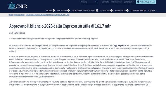Cassa ragionieri: bilancio 2023 approvato con un utile di 161,7 milioni