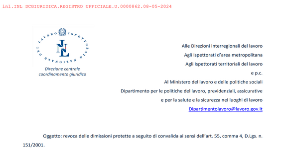 Le dimissioni dei neo genitori convalidate dall'INL si possono revocare