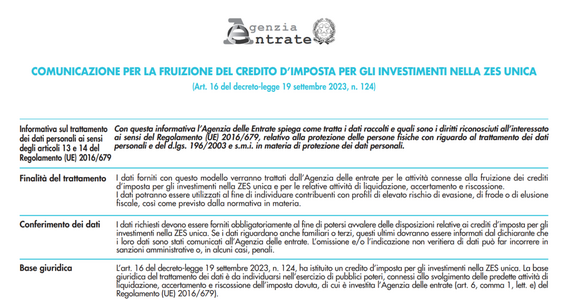 Credito d'imposta ZES Unica Sud: online il modello per la comunicazione e le istruzioni