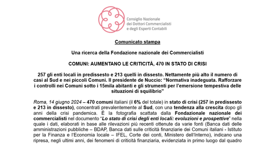 Comuni, 470 enti locali in crisi soprattutto al Sud: per il CNDCEC sono necessari più controlli