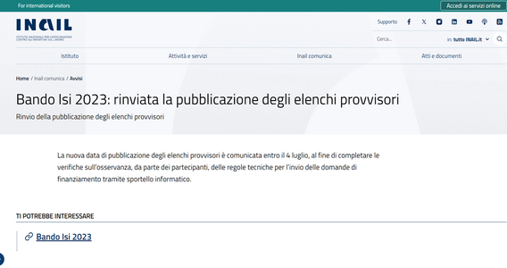 Bando ISI INAIL: pubblicazione delle graduatorie entro il 4 luglio