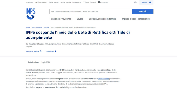Note di rettifica e diffide, INPS: sospensione dal 26 luglio al 31 agosto 2024