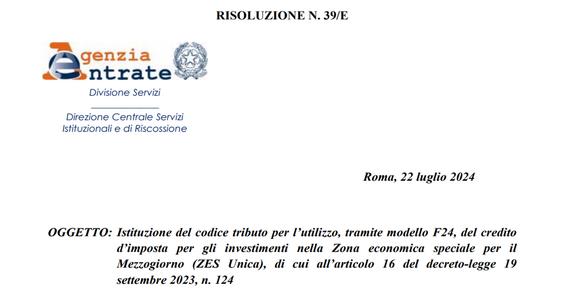 Credito d'imposta ZES Unica: il codice tributo per l'utilizzo