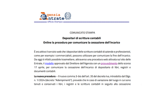 Scritture contabili: online il servizio per comunicare la fine dell'incarico