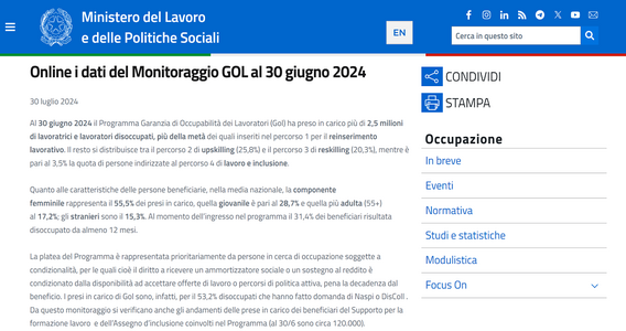 Programma Gol: 2,5 milioni i disoccupati presi in carico al 30 giugno