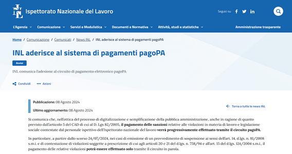 Sanzioni Ispettorato del Lavoro: pagamenti tramite PagoPA