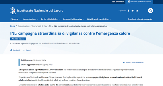 Controlli INL per rischio caldo: 40 per cento delle aziende non a norma
