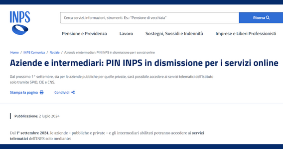 PIN INPS: per le aziende non funziona più dal 1° settembre