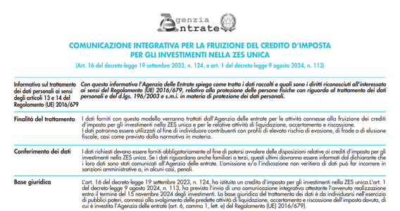 ZES Unica Sud: disponibile il modello per la comunicazione integrativa