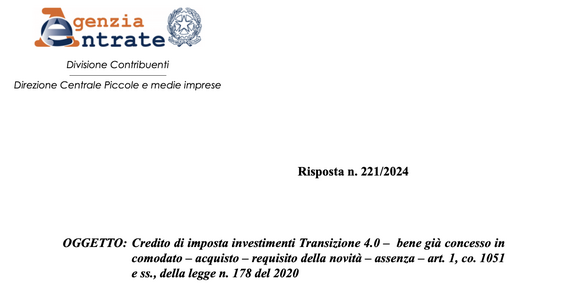 Transizione 4.0 per i beni in comodato d'uso: nuovi chiarimenti dell'Agenzia