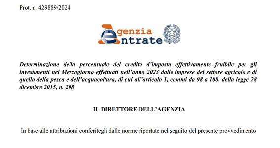 Credito d'imposta ZES agricoltura: fissata la percentuale per la fruizione