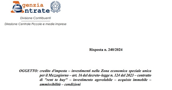 Credito di imposta ZES unica, valido il rent to buy