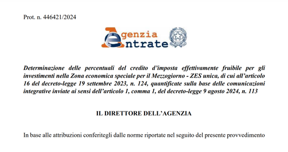 ZES Unica Sud: credito d'imposta riconosciuto in misura piena
