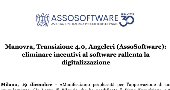 Transizione 4.0: dubbi di AssoSoftware sull'eliminazione degli incentivi sui beni immateriali