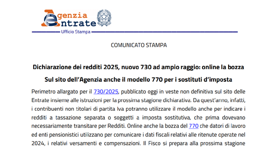 Dichiarazione dei redditi 2025, modello 730 e 770: le bozze sono online
