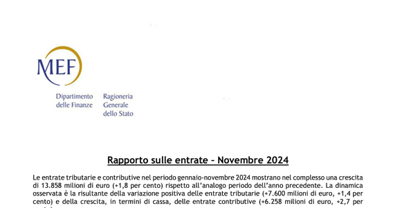 Entrate tributarie e contributive, a novembre 2024 crescita di quasi 14 miliardi