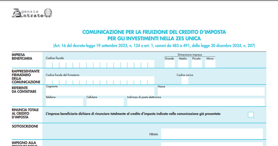 Domanda credito d'imposta ZES al via: modello e istruzioni