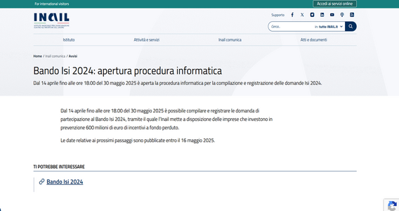 Bando ISI INAIL: definiti i termini di domanda per i contributi a fondo perduto