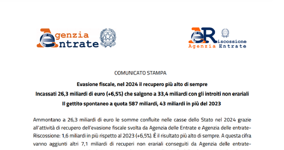 Evasione fiscale: recuperati 26,3 miliardi di euro nel 2024