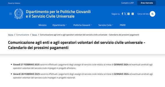 Servizio civile: in arrivo il pagamento di gennaio 2025