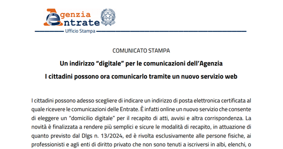 Domicilio digitale: dall'Agenzia delle Entrate il nuovo servizio per indicare l'indirizzo PEC