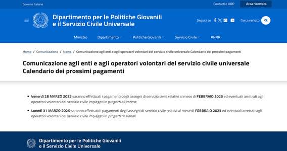 Servizio civile: in arrivo il pagamento di febbraio 2025