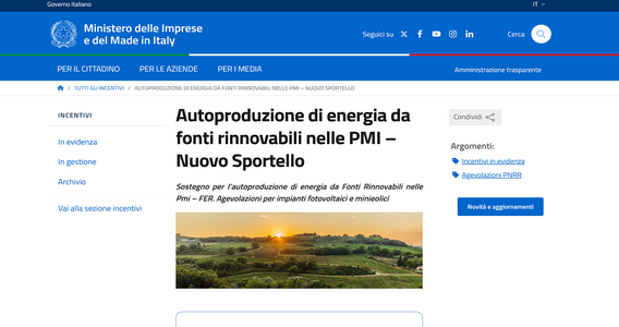 PMI: al via le domande per l'autoproduzione di energia rinnovabile