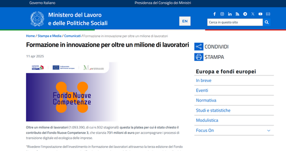 Fondo Nuove Competenze 2025: boom di domande, oltre un milione i dipendenti coinvolti