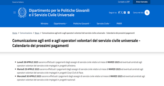 Servizio civile: pagamento di marzo 2025 in arrivo