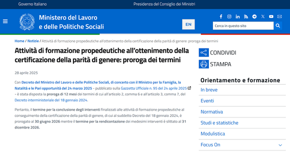 Certificazione parità di genere: prorogato il termine per le attività di formazione