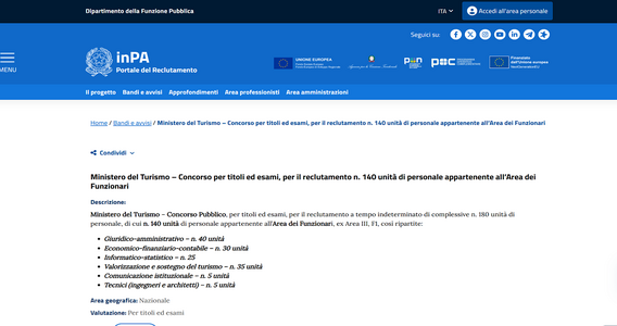 Concorso Ministero del Turismo: bandi per 180 nuove assunzioni